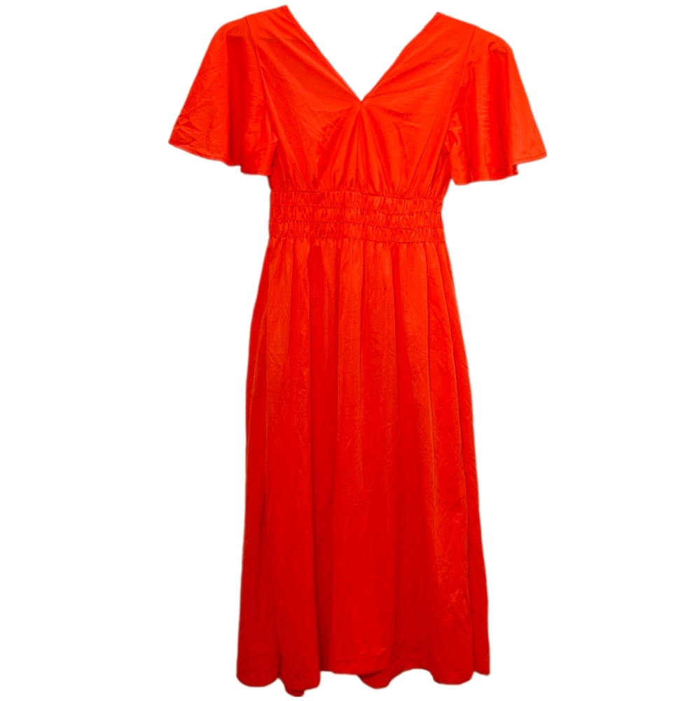 Poppy Red Flutter Sleeve Smock Midi Dress - Medium